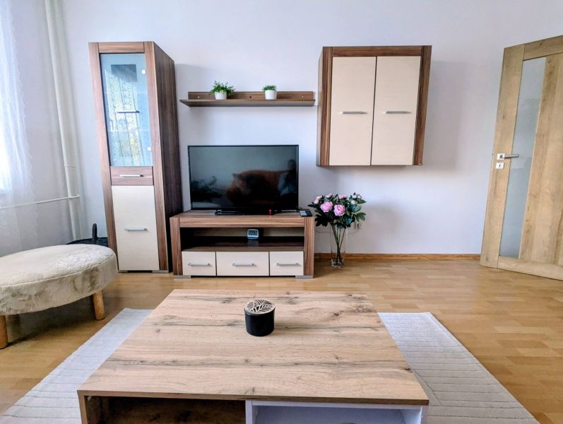 2izbový byt na prenájom v Dubnici nad Váhom  - Obývacia izba 2-izbového bytu s podlahou s dreveným dekorom a TV nábytkom.
