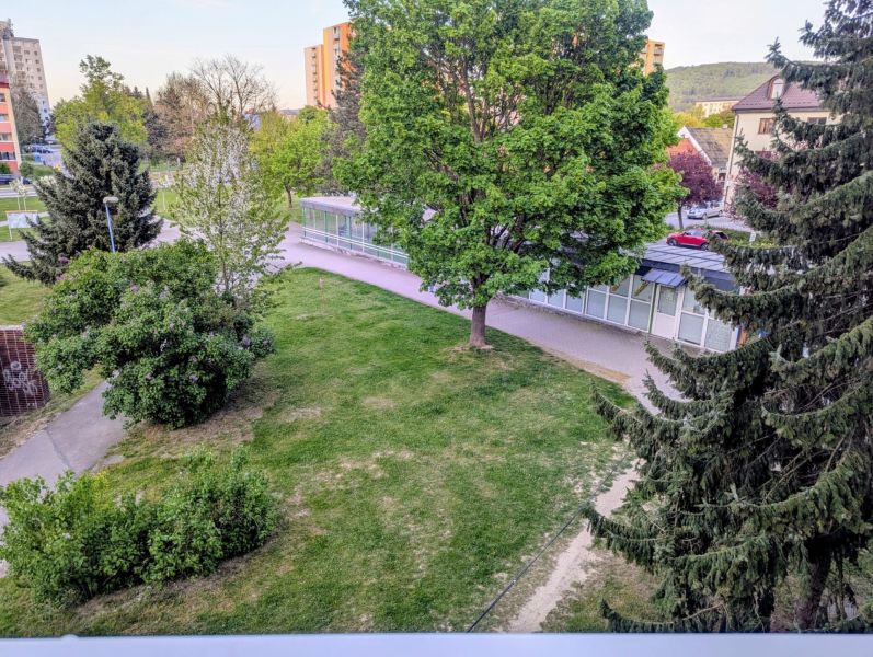 2izbový byt na prenájom v Dubnici nad Váhom  - Zezeleň v okolí ulice Centrum I v Dubnici nad Váhom s chodníkmi a budovami.