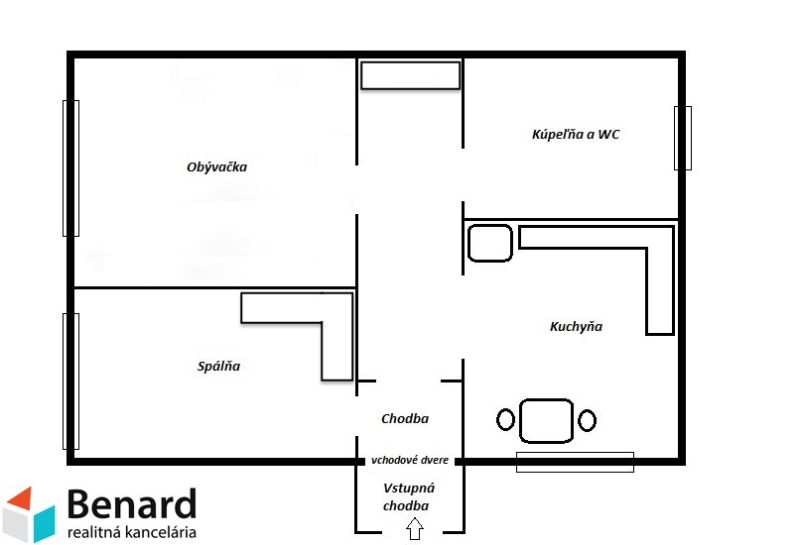 NA PRENÁJOM 2 IZBOVÝ TEHLOVÝ BYT, 55 M2, PREŠOV, ŠIRŠIE CENTRUM - Pôdorys 2-izbového bytu s obývačkou, spálňou, kuchyňou, kúpeľňou a chodbou.