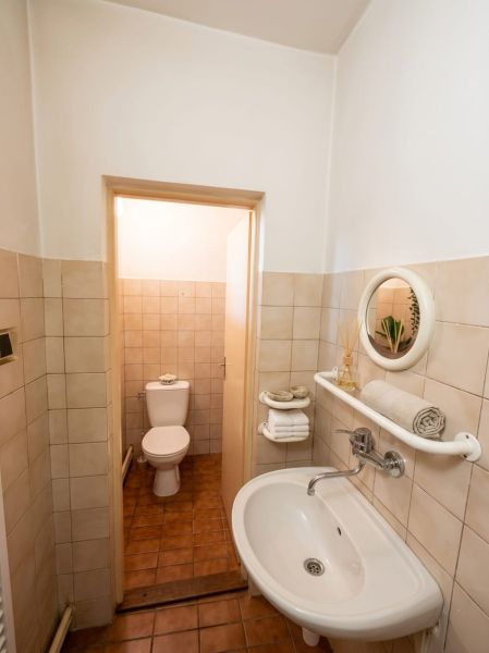 Vidiecky dom na predaj Mikulášov - Kúpeľňa v rodinnom dome s umývadlom, zrkadlom a toaletou, dlažba s hnedým dekorom.