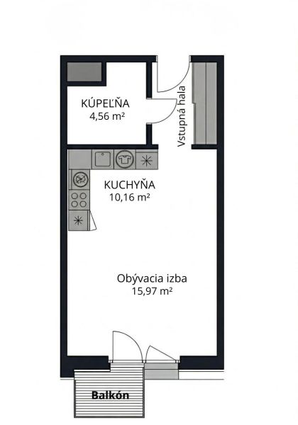 I Predaj Výnimočný  1-izb apartmán v projekte Metropolis - Pôdorys 1-izbového bytu s kuchyňou, obývacou izbou, kúpeľňou a balkónom.