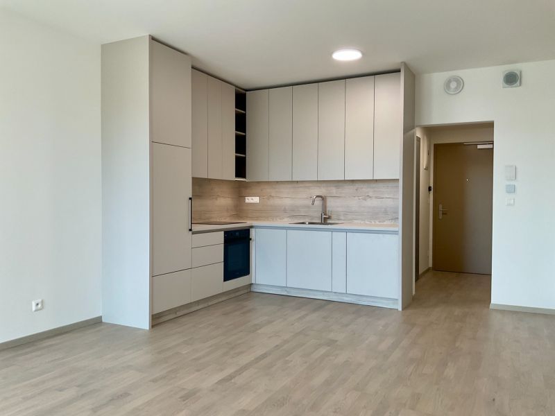 I Predaj Výnimočný  1-izb apartmán v projekte Metropolis - Moderná kuchyňa v 1-izbovom byte, svetlé skrinky, podlaha s dreveným dekorom, neutrálny štýl.