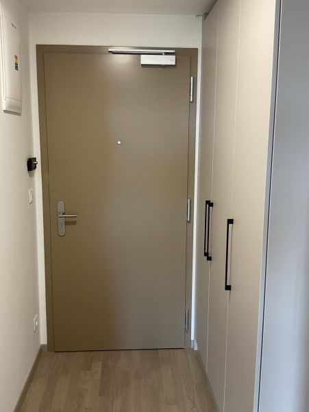 I Predaj Výnimočný  1-izb apartmán v projekte Metropolis - Vstupné dvere 1-izbového bytu s podlahou s dreveným dekorom a skriňou.