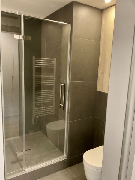I Predaj Výnimočný  1-izb apartmán v projekte Metropolis - Kúpeľňa s preskleným sprchovacím kútom v 1-izbovom byte a rebríkovým radiátorom.