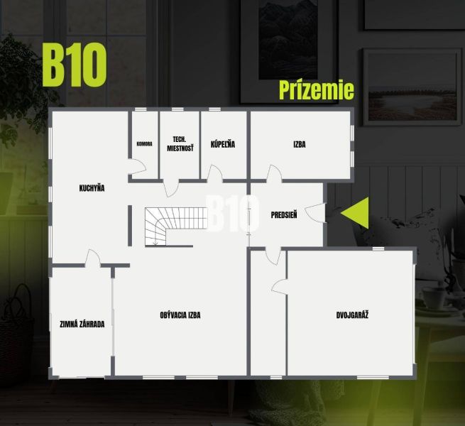 6-IZBOVÝ DOM S DVOJGARÁŽOU A VEĽKORYSÝM PRIESTOROM PRE CELÚ RODINU V P - Pôdorys rodinného domu so zimnou záhradou, dvojgarážou a technickou miestnosťou.