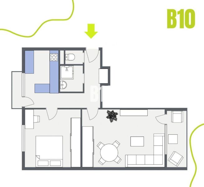 2-izbový byt po rekonštrukcii | Vietnamská ulica, Ružinov | Loggia | B - Pôdorys 2-izbového bytu s kuchyňou, kúpeľňou a obývačkou.