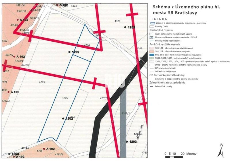 POZEMOK s POTENCIÁLOM - BA-NM BRIEŽKY AHOJ - Mapa územného plánu Bratislava III znázorňujúca funkčné využitie pozemkov a železničné trate.