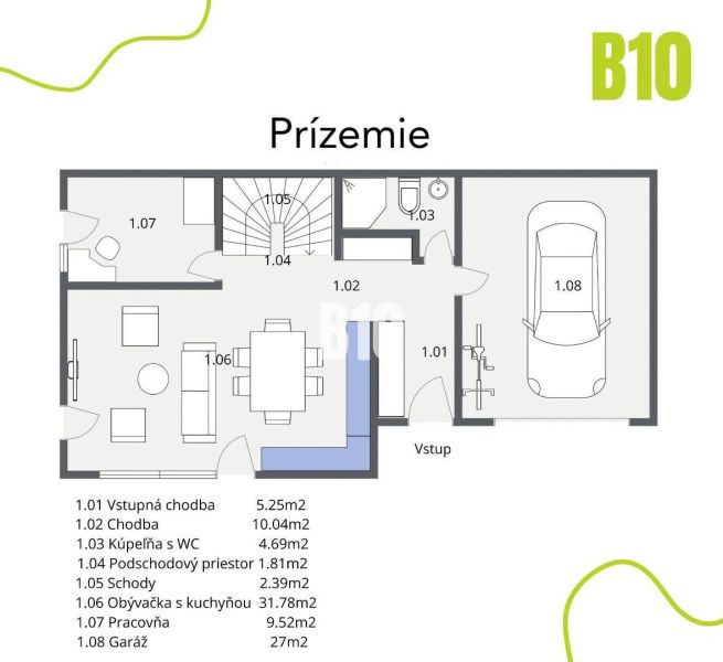 NOVOSTAVBA - 5i rodinný dom v nadštandardnom prevedení s garážou uprav - Pôdorys prízemia rodinného domu s obývačkou, kuchyňou a garážou.