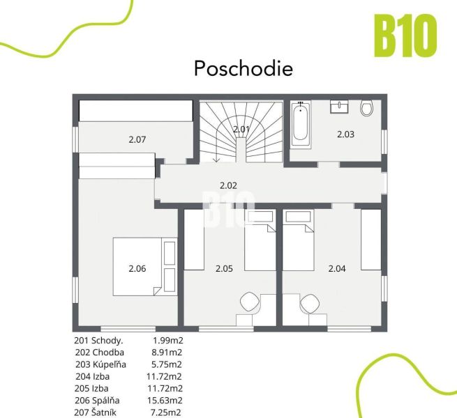 NOVOSTAVBA - 5i rodinný dom v nadštandardnom prevedení s garážou uprav - Pôdorys poschodia rodinného domu v Malinove: schody, chodba, kúpeľňa, izby, spálňa, šatník.