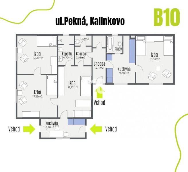 RODINNÉ BÝVANIE S POTENCIÁLOM - KALINKOVO ul.Pekná - Pôdorys rodinného domu v Kalinkove zahŕňa izby, kúpeľne a kuchyne s dvoma vchodmi.