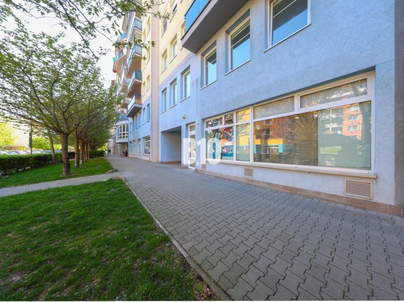 OBCHODNÝ PRIESTOR PETRŽALKA ul.Šustekova - Obchodné priestory na Šustekovej ulici v Bratislave V s chodníkom a stromami.