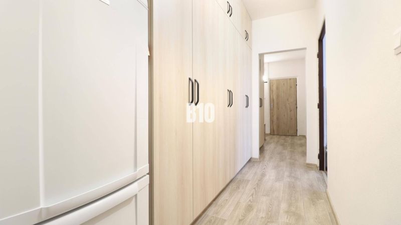 Na prenájom 3 izbový veľkometrážny byt Nováková ulica - Chodba v 3-izbovom byte s podlahou s dreveným dekorom a svetlými skriňami.