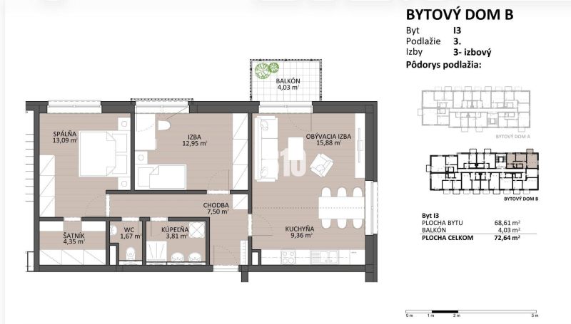 3 izbový byt na prenájom v novostavbe Byty-Košúty - Pôdorys 3-izbového bytu s balkónom, rozlohou 72,64 m² a podlahou s dreveným dekorom.