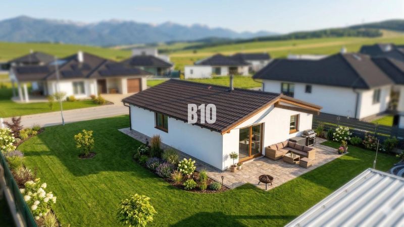 Moderná Novostavba: 4-izbový nízkoenergetický dom v obci Diaková - Rodinný dom v Diakovej s veľkou záhradou a terasou, v pozadí hory.