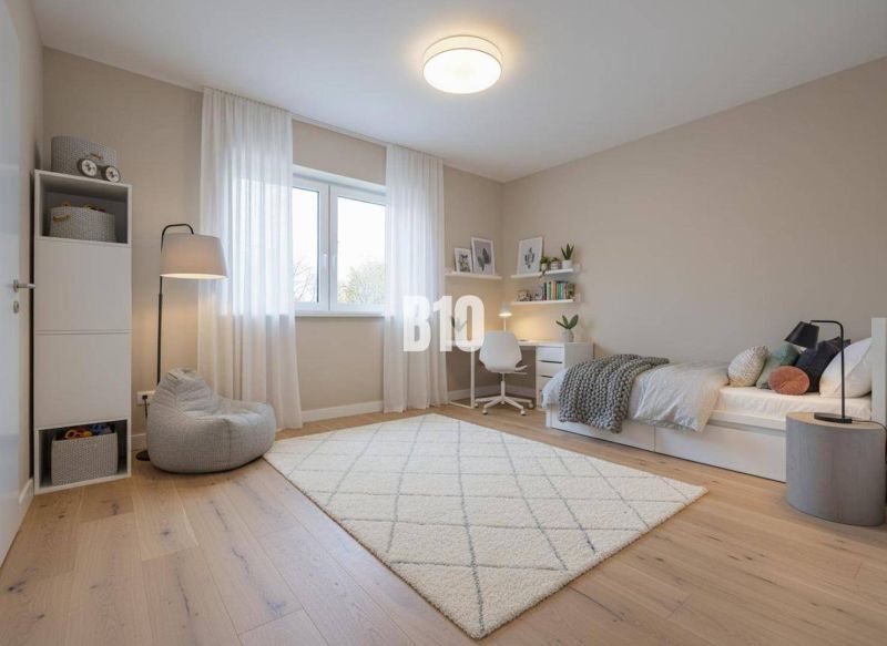 PREDANÉ - TEPELNÉ čerpadlo, fotovoltaika, Dostupnosť R1 - Detská izba v rodinnom dome s podlahou s dreveným dekorom a bielym nábytkom.