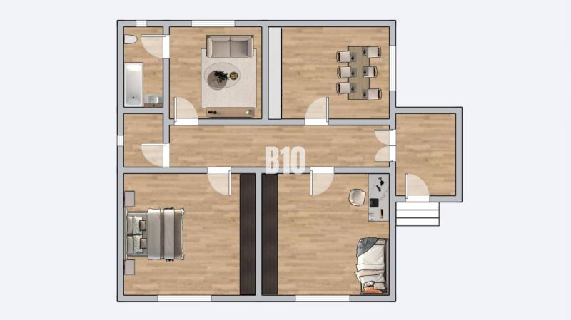 Rodinný dom s rovinatým 10a pozemkom - Pôdorys rodinného domu s nábytkom, podlahou s dreveným dekorom a viacerými miestnosťami.