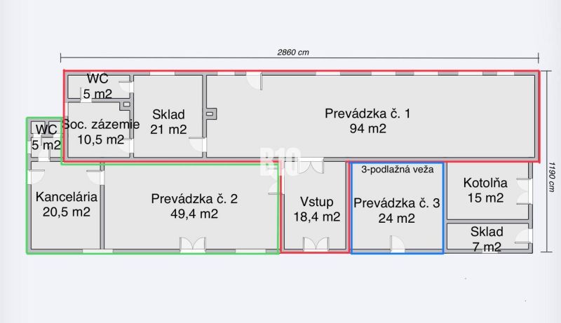 ZREKONŠTRUOVANÁ KOMERČNÁ BUDOVA S VÝBORNOU POLOHOU - Pôdorys obchodných priestorov so skladmi, kanceláriou a rôznymi prevádzkami.