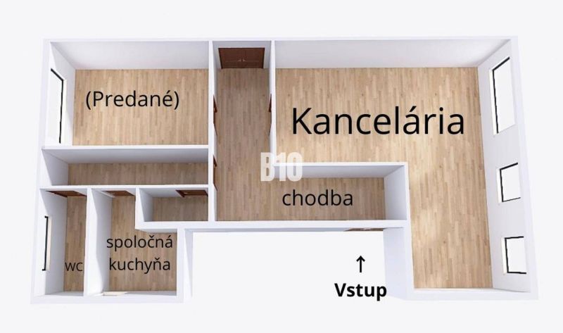 Moderná kancelária v obľúbenej časti trenčína - Vinohrady - cena s DPH - Pôdorys kancelárie s chodbou, kuchyňou, WC a podlahou s dreveným dekorom.