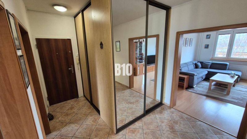 Útulný  5 izbový byt v Žiline s  balkónom - V 5 a viac izbovom byte podlahy s dreveným dekorom, zrkadlo a gauč v obývačke.
