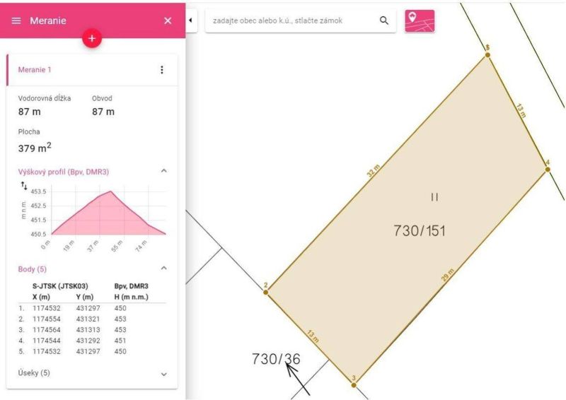 Pozemok na predaj Krasňany - Mapa zobrazuje pozemok vhodný na bývanie s rozmedziami: dĺžka 87m, plocha 379m².