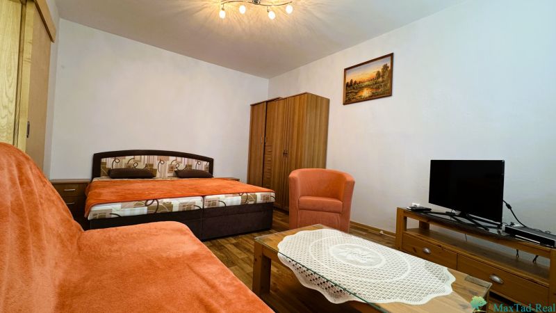 Štartovací byt s balkónom a výhľadom, ktorý vás bude baviť! - Obývacia izba s pohovkou, posteľou, kreslom a televízorom, 1-izbový byt, podlaha s dreveným dekorom.