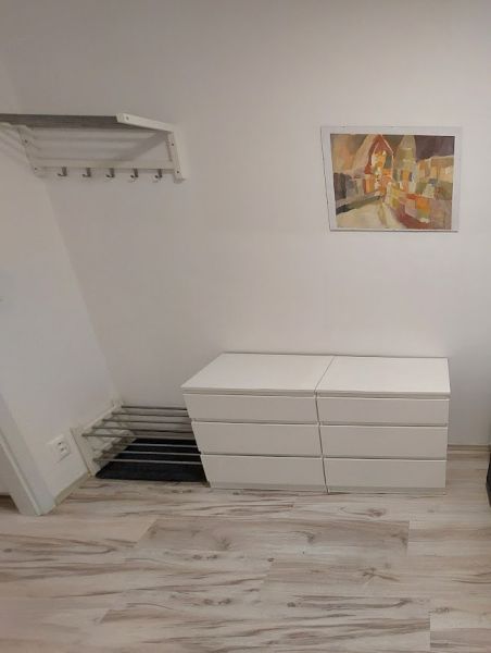 PRENÁJOM: ZARIADENÁ GARSÓNKA PRI NEMOCNICI F.D.R. - Garsónka s podlahou s dreveným dekorom, bielym nábytkom a farebným obrazom na stene.