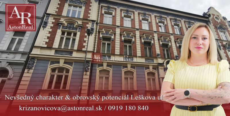 VEĽKORYSÝ 2i byt s rozlohou 76 m² v atraktívnej lokalite- Staré mesto - Historická budova na Leškovej ulici v Bratislave s reklamou realitnej kancelárie.