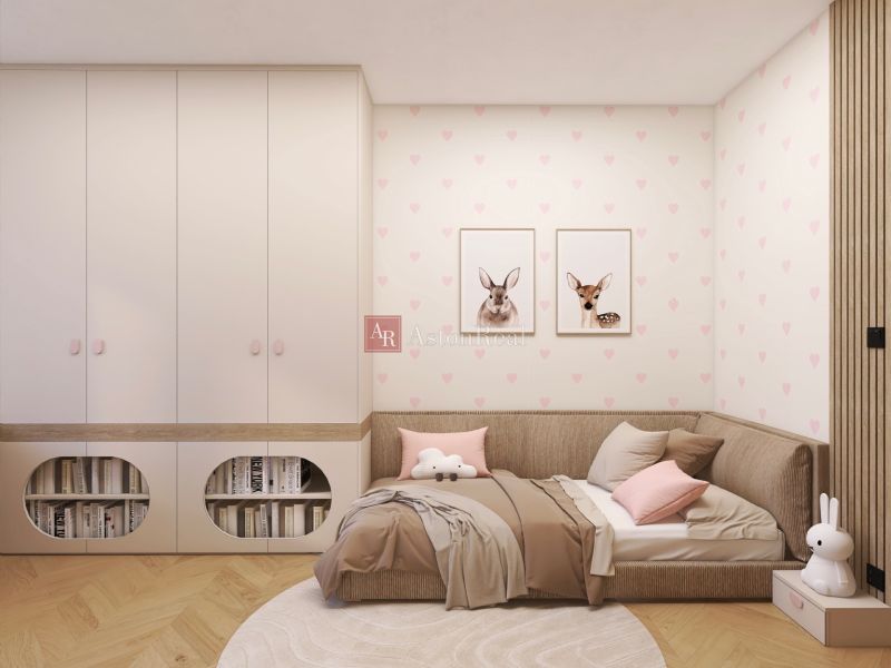 VEĽKORYSÝ 2i byt s rozlohou 76 m² v atraktívnej lokalite- Staré mesto - Detská izba v 2-izbovom byte s posteľou a skriňou, dekorovaná obrázkami zvierat.