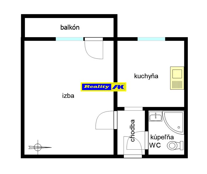 1 izbový byt na predaj rekonštrukcia, Martin centrum, nový balkón - Pôdorys 1-izbového bytu so skladbou miestností: izba, kuchyňa, balkón, kúpeľňa, WC.