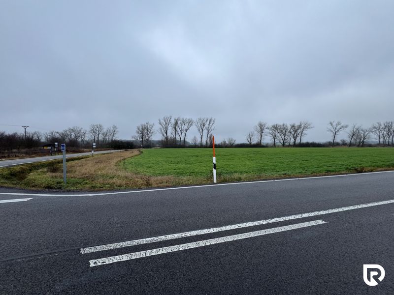 Priemyselné pozemky | 5722 m² + Bonus 2464  | Malacky - Pozemky - komerčné v Záhorskej Vsi: zelené pole pri ceste, stromy v diaľke, zamračené.