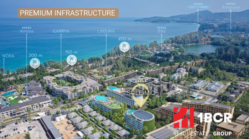 SOLE MIO RESIDENCES PHUKET - Letecký pohľad na výstavbu bytov v Phukete s blízkym prístupom k pláži.