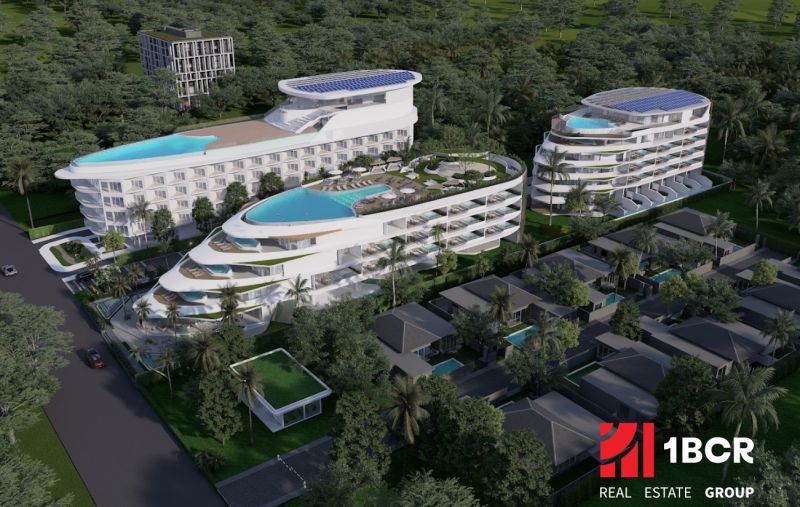 SOLE MIO RESIDENCES PHUKET - Výstavba bytov v Phukete s vlnitým dizajnom a strešnými bazénmi zasadená do zelene.