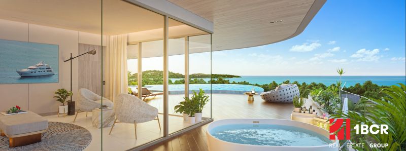 SOLE MIO RESIDENCES PHUKET - Elegantný interiér s výhľadom na terasu, bazén a oceán, Výstavba bytov.