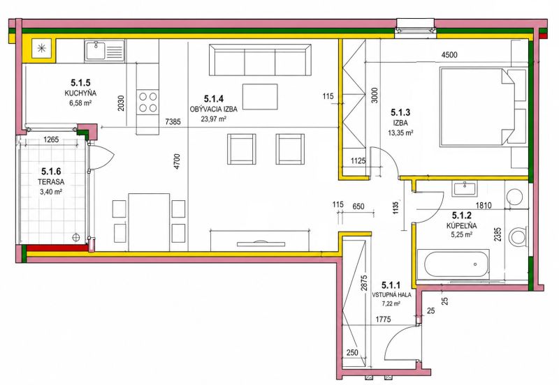 Moderný 2-izbový apartmán s parkovaním, Vila Leonardo, Bajkalská - Pôdorys 2-izbového bytu s terasou, kuchyňou a kúpeľňou.