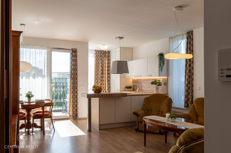 Moderný 2-izbový apartmán s parkovaním, Vila Leonardo, Bajkalská - Obývačka v 2-izbovom byte s podlahou s dreveným dekorom a svetlou kuchyňou.