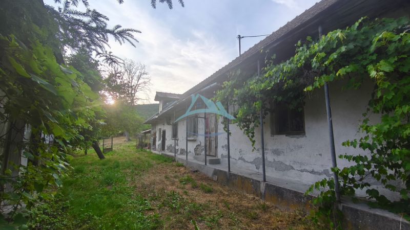Kamenný vidiecky dom v obci Čelovce okres Veľký Krtíš. - Starší rodinný dom v Čelovciach obklopený zeleňou so západom slnka v pozadí.