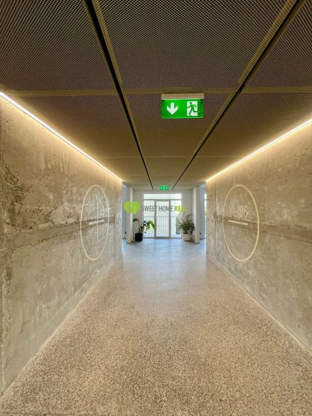 REZERVOVANÝ Na prenájom 2i luxusný zariadený byt na Terase - Chodba s betónovými stenami v 2-izbovom byte, osvetlená denným svetlom s rastlinami na konci.