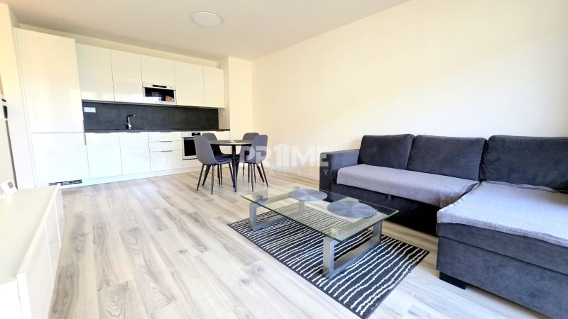 MODERNÝ 2i byt, POD VINICOU, LOGGIA, PARKING, Nové Mesto - Obývacia izba v 2-izbovom byte s podlahou s dreveným dekorom a kuchynskou linkou.