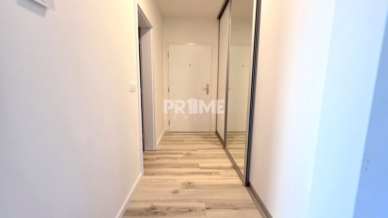 MODERNÝ 2i byt, POD VINICOU, LOGGIA, PARKING, Nové Mesto - Chodba v 2-izbovom byte s podlahou s dreveným dekorom a zrkadlovým šatníkom.