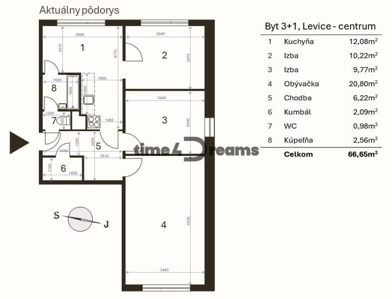 Na predaj: CENTRUM: 3 izb.byt + ŠATNIK + PIVNICA - Pôdorys 3-izbového bytu s rozlohou 66,65 m². Kuchyňa, izby, kúpeľňa.