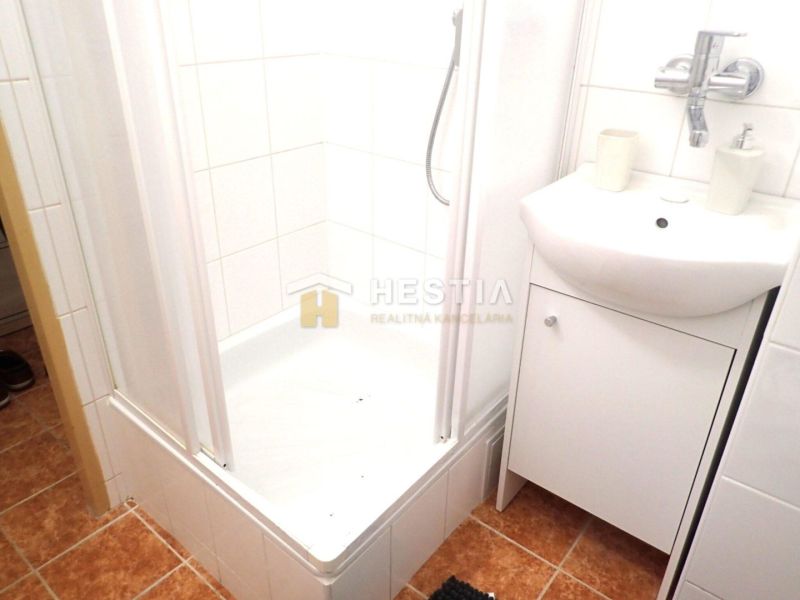 Krásny, moderne zariadený 1 izbový byt na prenájom - Kúpeľňa v 1-izbovom byte s kachličkami a sprchovacím kútom.