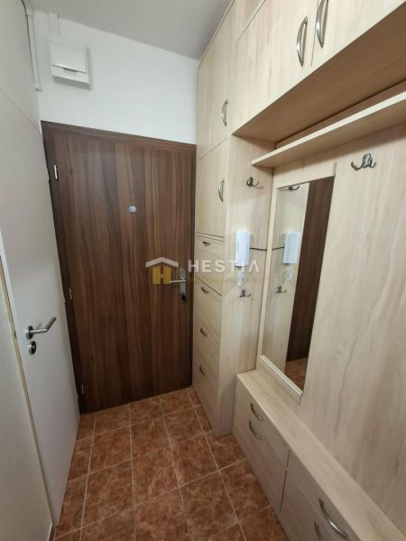 Krásny, moderne zariadený 1 izbový byt na prenájom - Vstupná predsieň 1-izbového bytu s drevenými skriňami a zrkadlom.