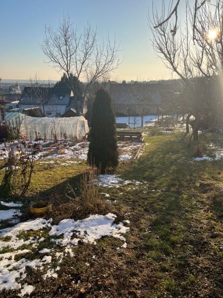 Rodinný dom v Štitároch s výhľadom a pod lesom - Záhrada pri rodinnom dome v Štitároch na ulici Pod horou s fóliovníkom a zasneženým trávnikom.