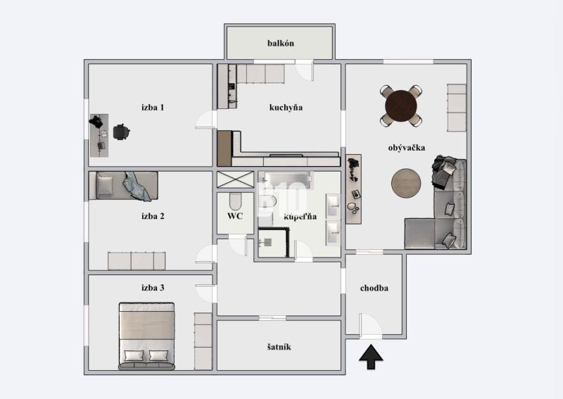 TOP! 4 izb. byt, balkón, 100 m2 (šatník, 2x toaleta, 3x klíma, zariade - Pôdorys 4-izbového bytu so šatníkom a balkónom, obsahuje kúpeľňu a kuchyňu.
