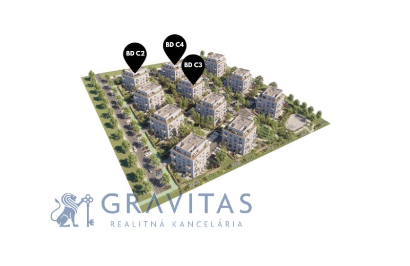 Na predaj 2-izbový byt s balkónom - C4 - Vizualizácia developerského projektu s bytmi, 2-izbový byt, označené budovy BD C2, C3, C4.