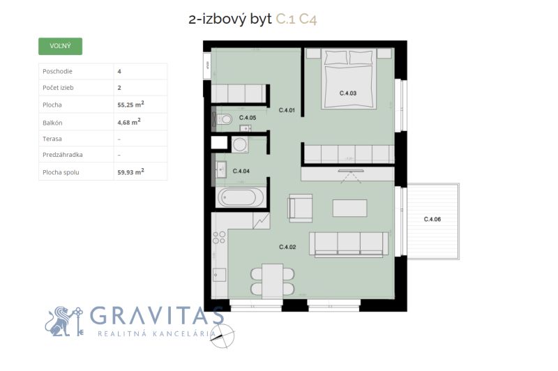 Na predaj 2-izbový byt s balkónom - C4 - Návrh 2-izbového bytu zahrňujúci spálňu, obývačku, a balkón s plochou.