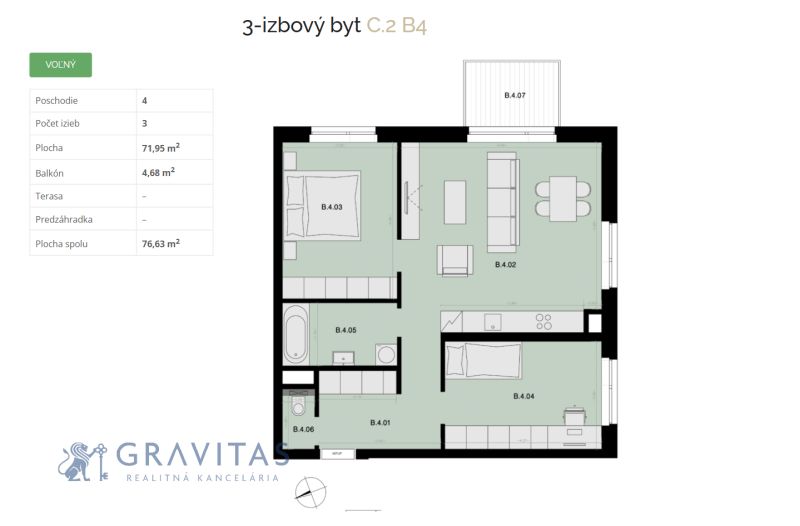 Na predaj 3-izbový byt s balkónom - B4 - Pôdorys 3-izbového bytu s plochou 71,95 m² a balkónom.