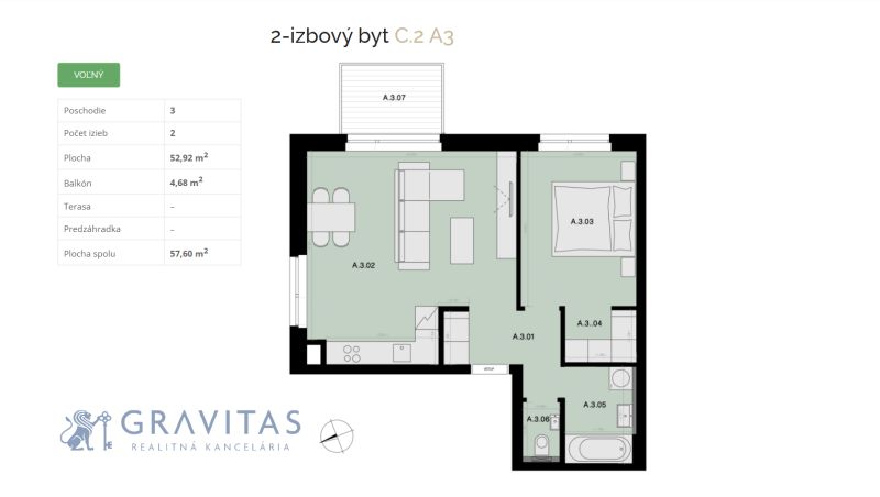 Na predaj 2-izbový byt s balkónom - A3 - Poschodový 2-izbový byt s balkónom a celkovou plochou 57,60 m².