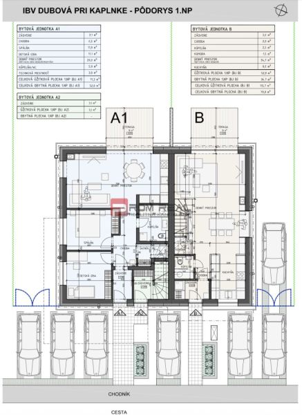 4-izbový mezonet so záhradou v projekte PRI KAPLNKE – Dubová - Pôdorys 1. NP dvojdomu s dvoma bytovými jednotkami a parkovacími miestami pred domom.
