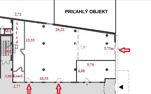 NA PRENÁJOM LUKRATÍVNY PRIESTOR NA NÁMESTÍ v meste Humenné - Pôdorys obchodných priestorov s rozlohou a usporiadaním miestností.